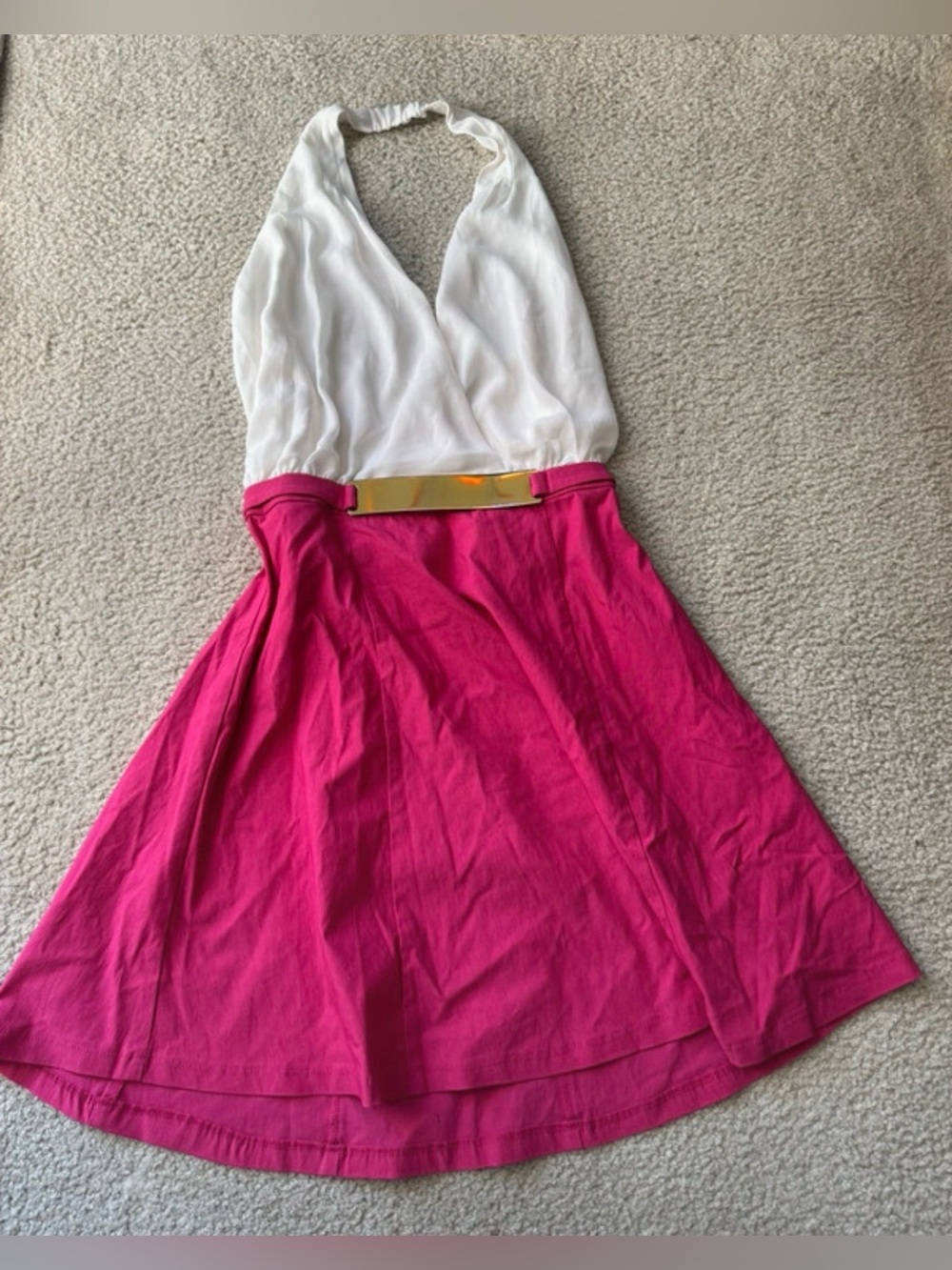 San Joy White Halter Top with Hot Pink Midi Skirt and Gold Belt - y2k business